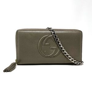 Authentic Gucci Gray Soho GG Logo Leather Zip Around Wallet On Chain Crossbody